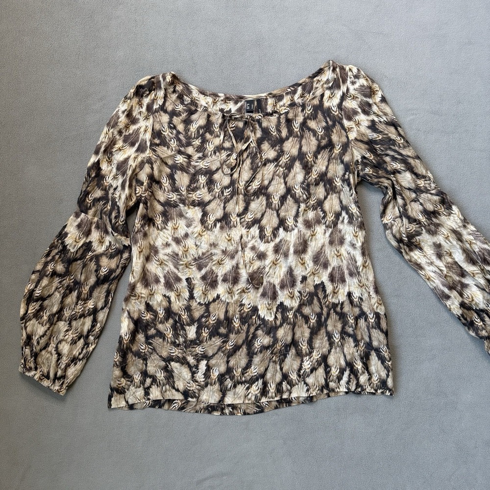 Mango MNG Suit Blouse Womens‎ 8 Large Brown Silk Balloon Sleeve Peacock Feather